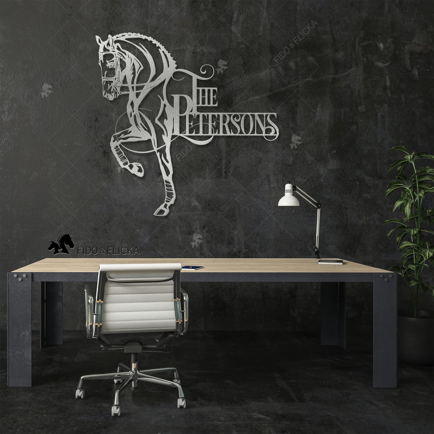 personalized silver dressage horse metal sign in dark office