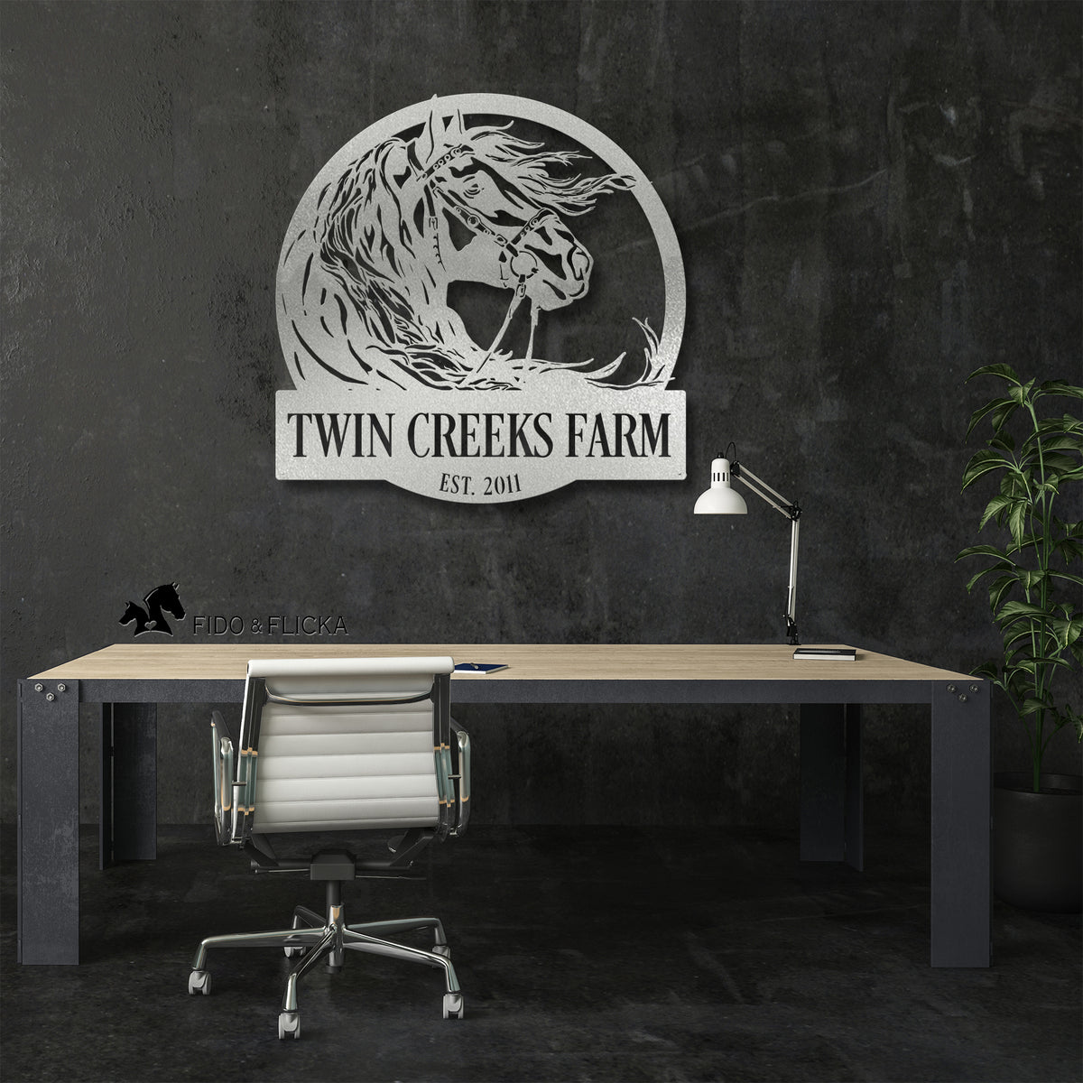 silver metal horse ranch farm sign on dark wall in office
