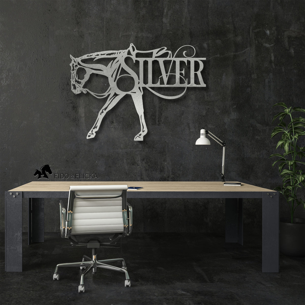 silver western pleasure horse metal wall art on dark wall in office