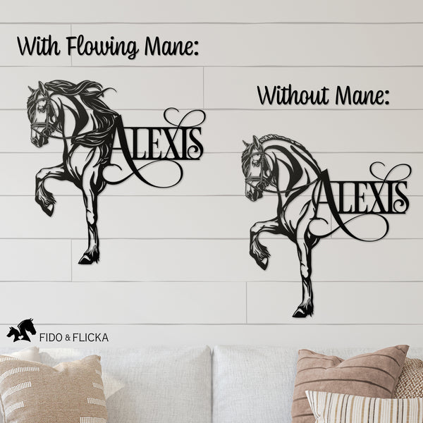 Friesian metal wall art décor design options with flowing mane or without mane