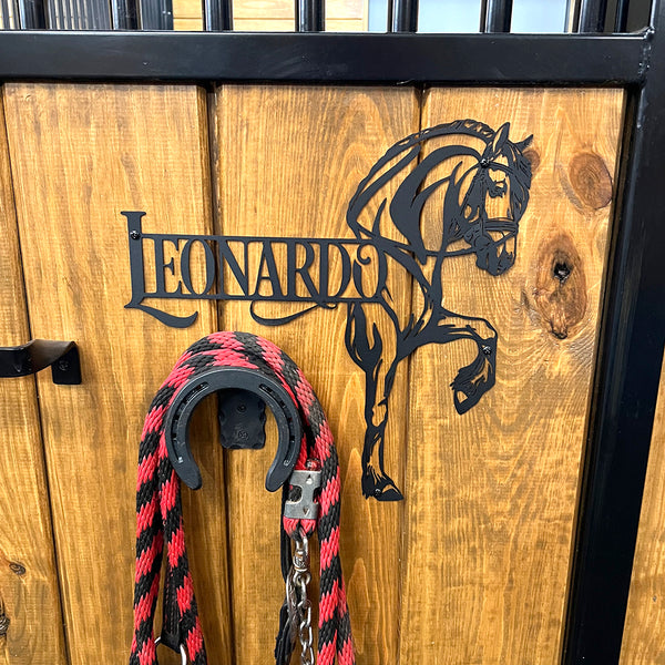 Friesian horse stall name plate hung on stall door