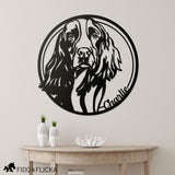 Springer spaniel personalized metal sign with circular frame and custom name in black hanging on wall in entry