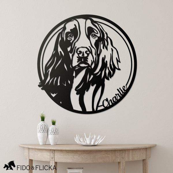 Springer spaniel personalized metal sign with circular frame and custom name in black hanging on wall in entry