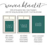 Woven blanket size chart with dimensions and uses on a white background