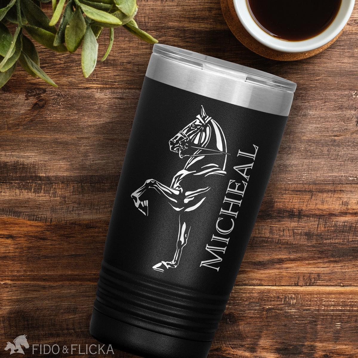 coffee mug tumbler in black personalized with an engraving of an american saddlebred horse and custom name