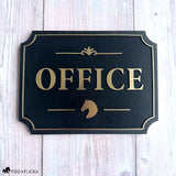 Personalized Office Sign with Horse Head Icon
A refined black-and-gold sign for your barn office, stable office, or equestrian workspace. Finished with raised lettering, an elegant decorative border, and a horse head icon for a personal equestrian touch.