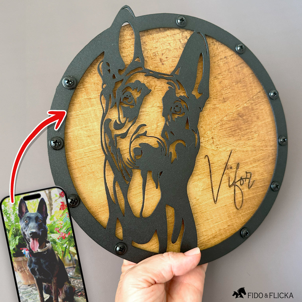 custom metal and wood dog portrait of a Belgian malinios from pet photo