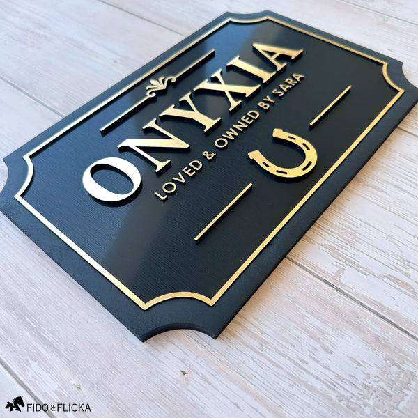 Personalized Horse Stall Sign – Gold on Black Layered Acrylic & Wood Plaque