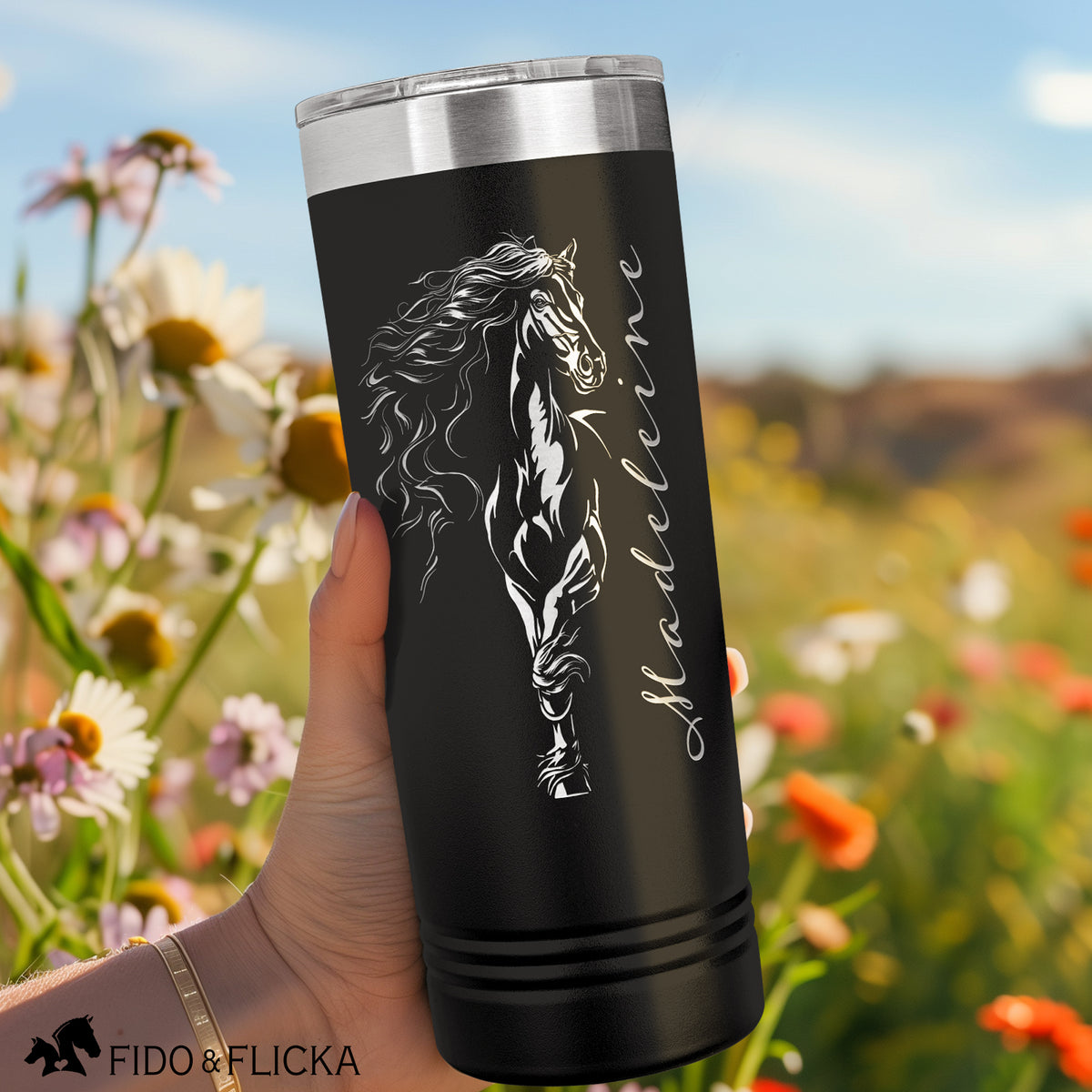 horse lover personalized engraved tumbler in black with Friesian horse