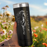 horse lover personalized engraved tumbler in black with Friesian horse