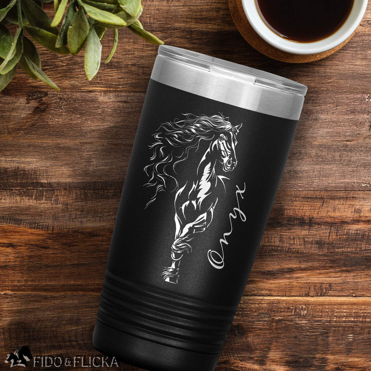 black friesian horse personalized tumbler with horses name with coffee