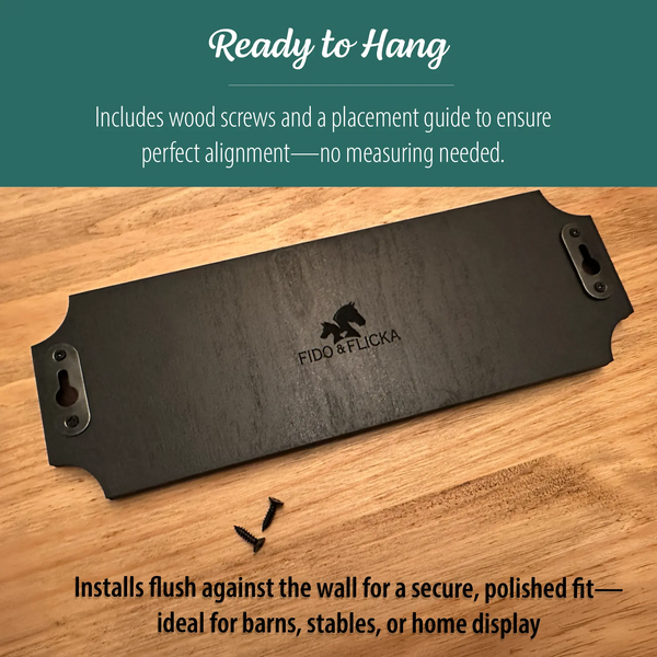 Back of Fido and Flicka personalized horse stall sign showing black wood backing with engraved logo dual keyhole mounting hardware and included black wood screws for flush wall installation