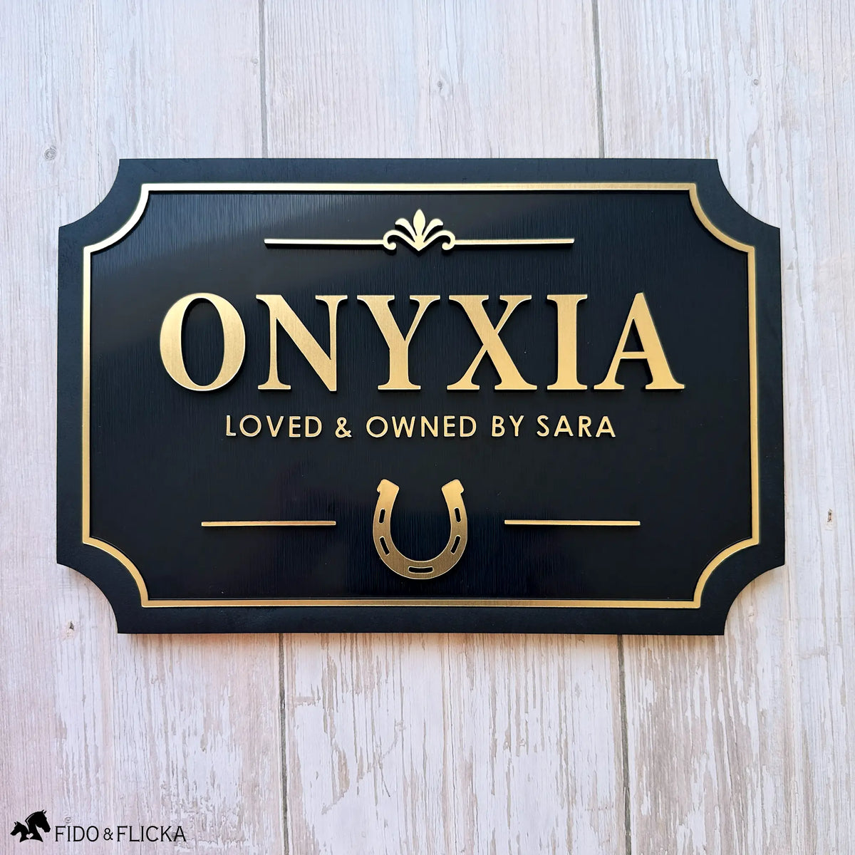 Personalized Horse Stall Sign – Gold on Black Layered Acrylic & Wood Plaque