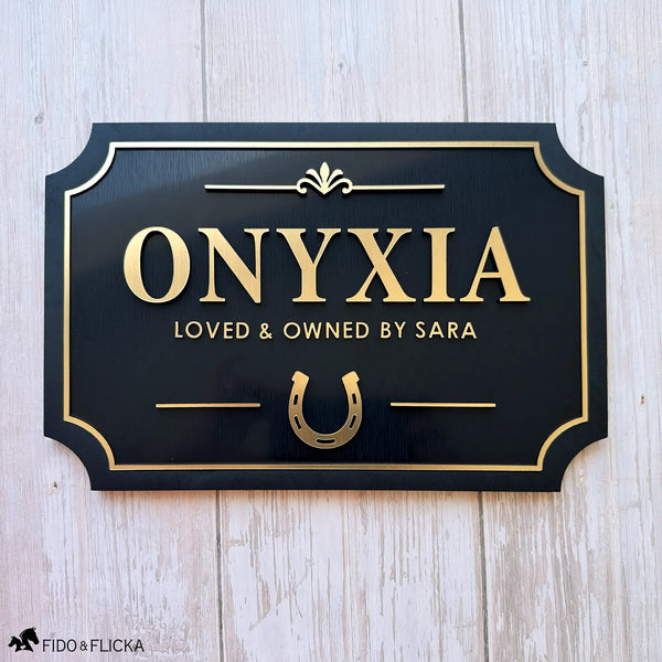 Personalized Horse Stall Sign – Gold on Black Layered Acrylic & Wood Plaque