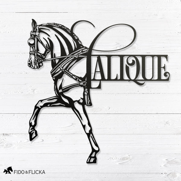 Personalized carriage horse metal sign with custom name, elegant equestrian wall art for barn or home