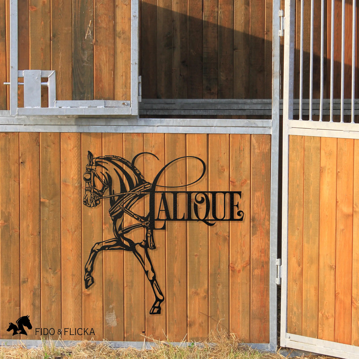 Black metal carriage horse stall sign with custom name