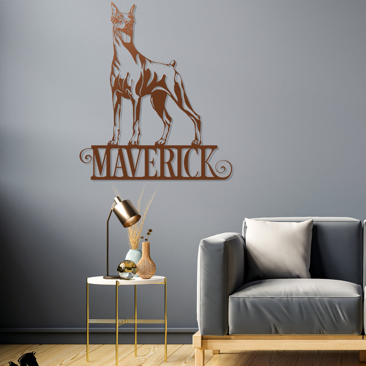 copper Doberman wall décor in living room