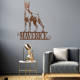 copper Doberman wall décor in living room