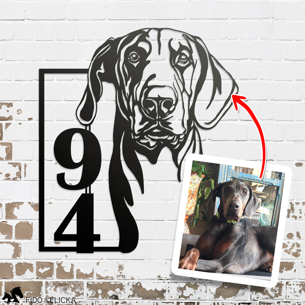 custom dog portrait metal sign with house number