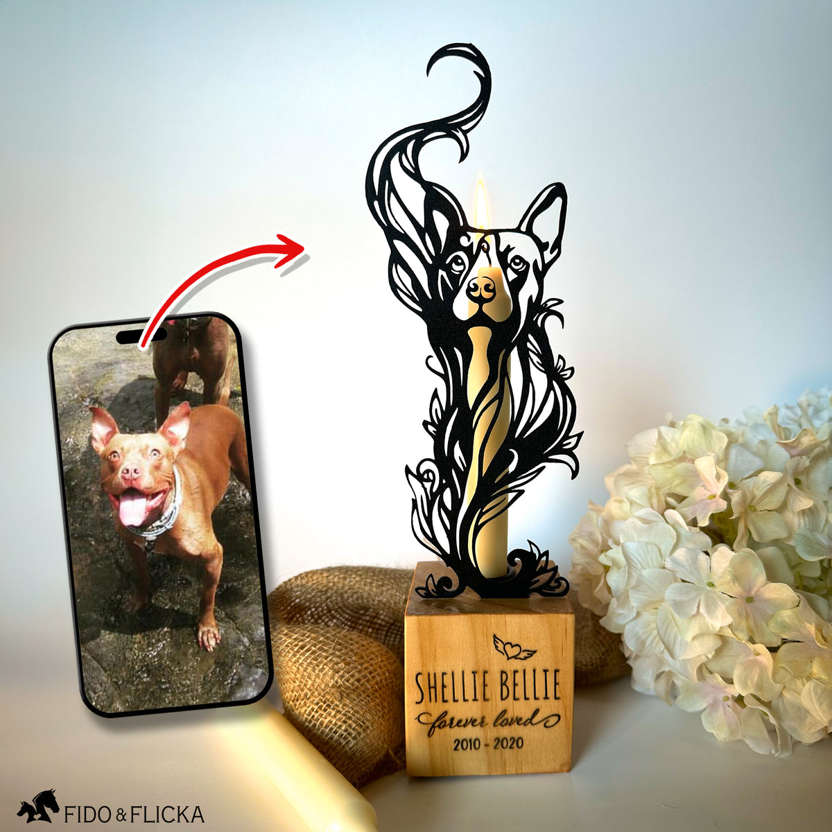 custom pet loss candle holder made of metal and wood, designed from photo