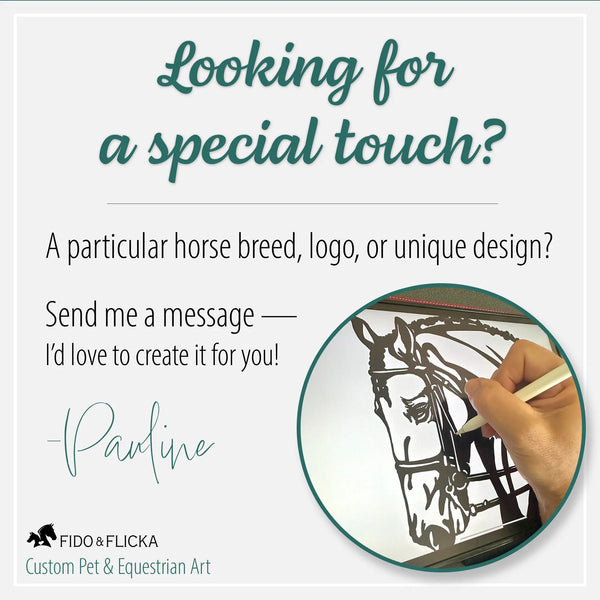 Graphic image with text inviting custom horse stall sign designs. Shows a hand drawing a horse illustration and message: Looking for a special touch? Breed logos, barn logos, or unique designs available on request. Branded with Fido & Flicka Custom Pet & Equestrian Art.