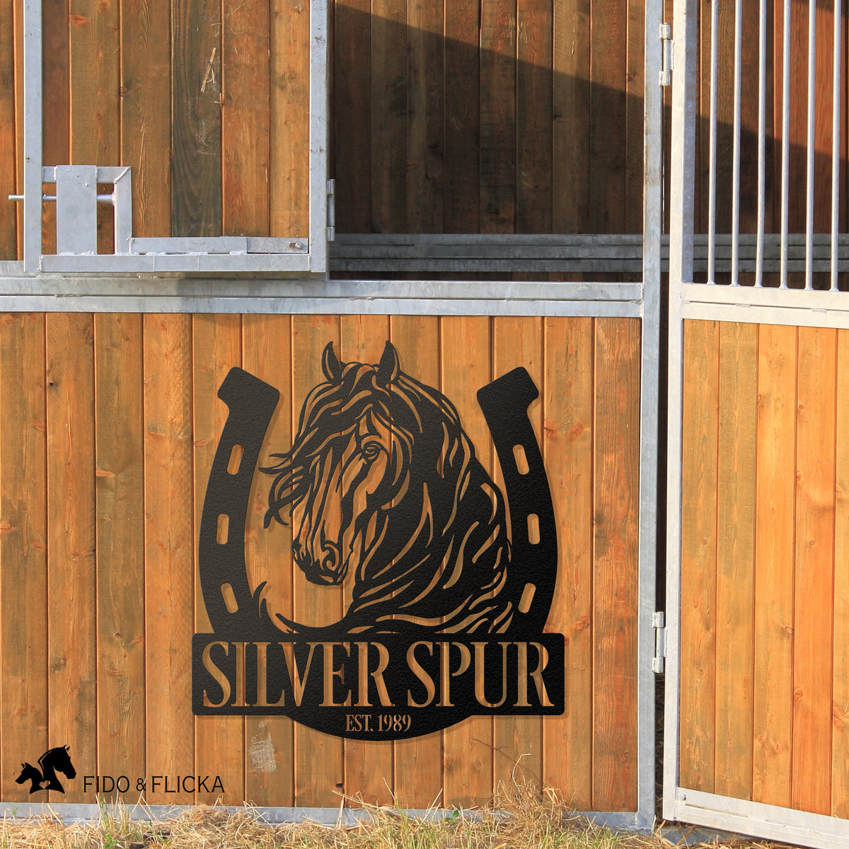 farm and ranch personalized metal horseshoe and horse sign on barn wall