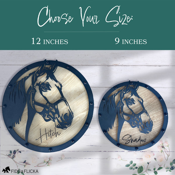 custom horse portrait in metal and wood in 12 inch size of 9 inch size personalized with name