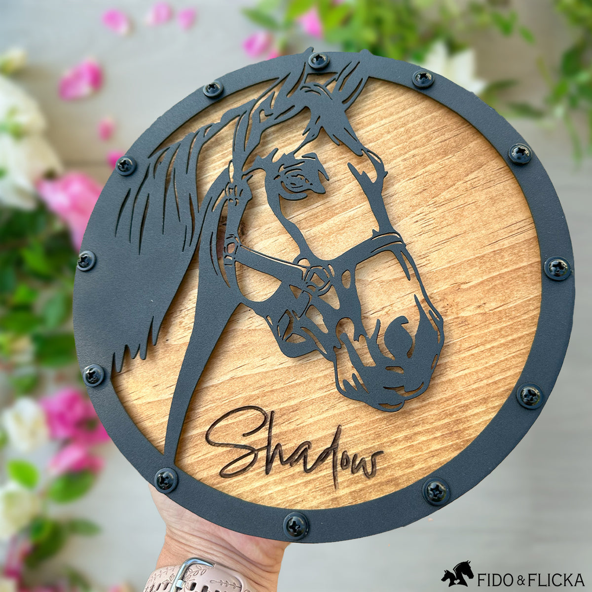 horse metal and wood personalized sign. Engraved custom text, sleek and stylish art piece, makes a great gift for horse lovers.