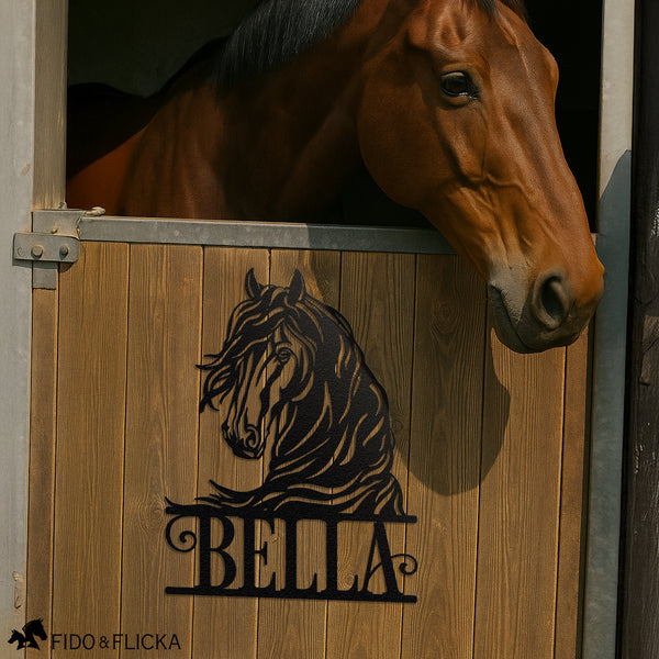 horse stall name plate in black metal on horse stall