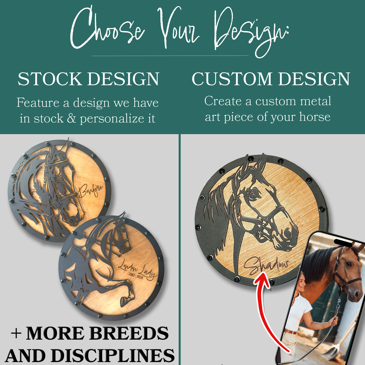 metal wood horse portrait choose between standard horse breed or discipline design or upload your pets photo for custom metal art