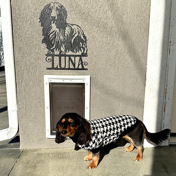 dachshund personalized metal sign above dog door with dachshund posing in front 