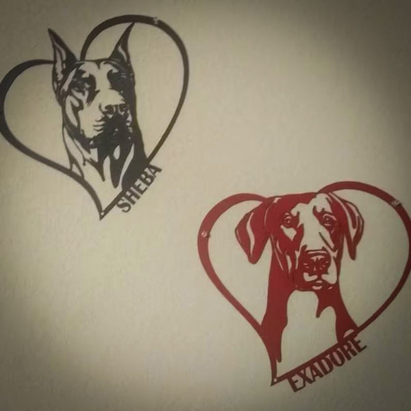 two Doberman personalized metal signs with heart frames