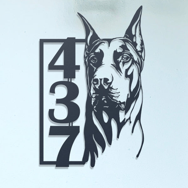 metal Doberman house number sign
