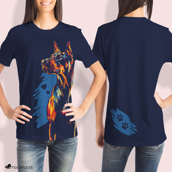 front and back tshirt with doberman illustration 