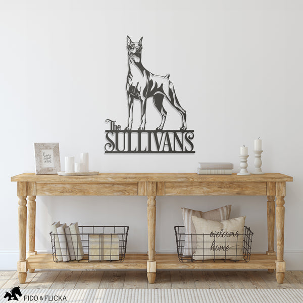 personalized metal doberman sign in entryway of home