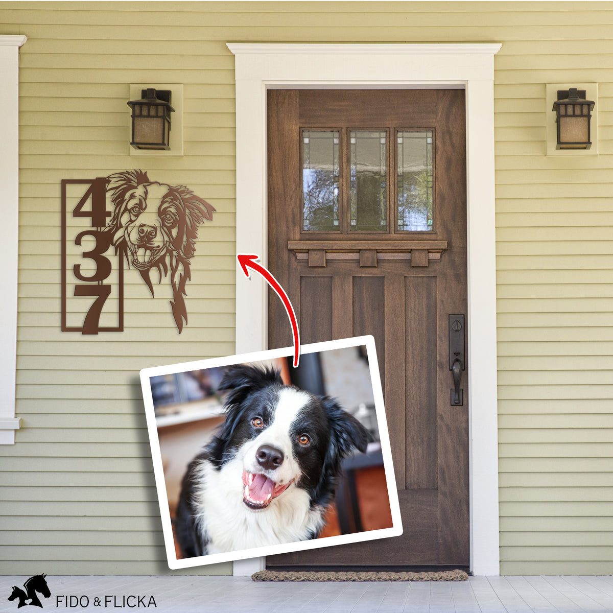 copper home address sign custom dog portrait by front door