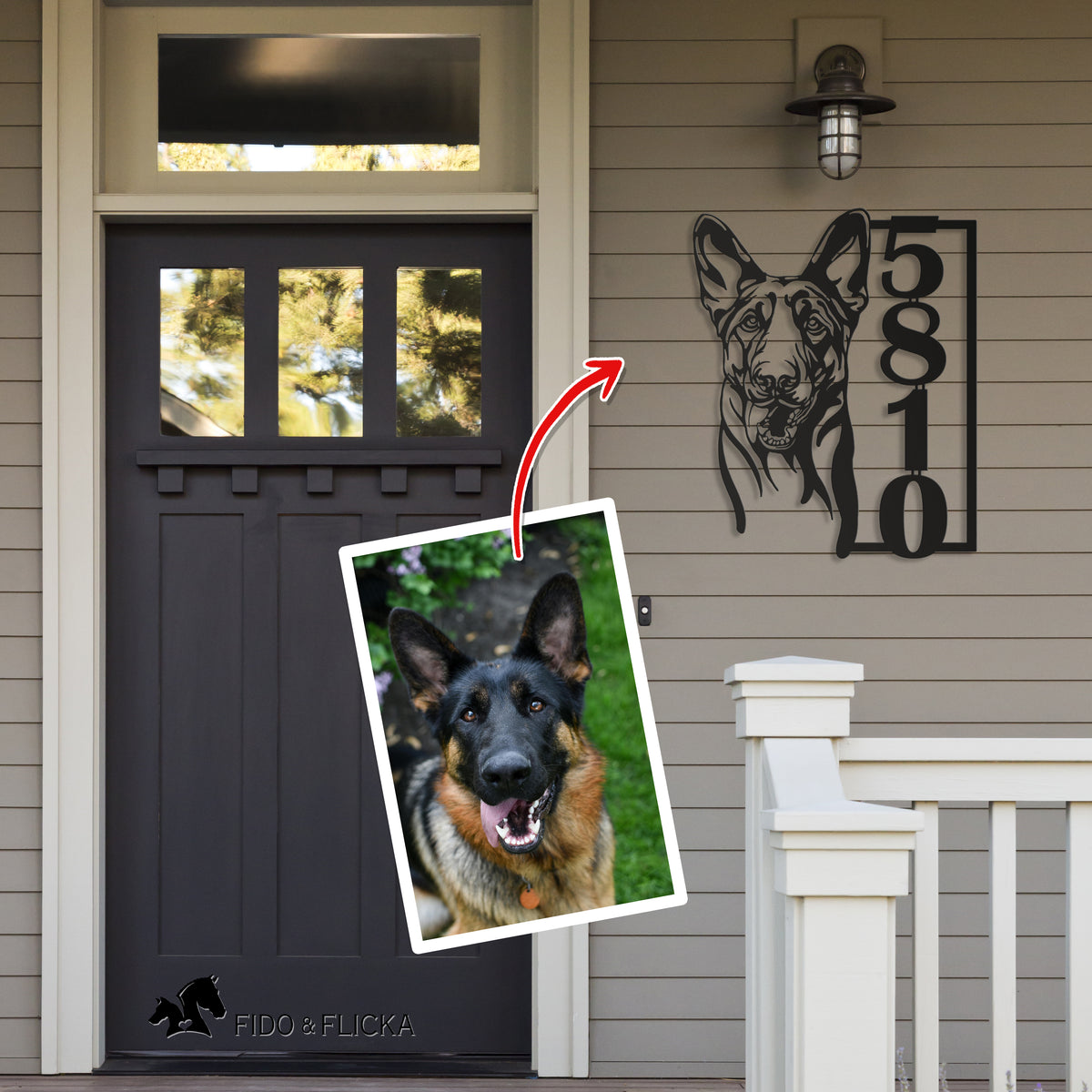 custom shepherd dog street address sign on house