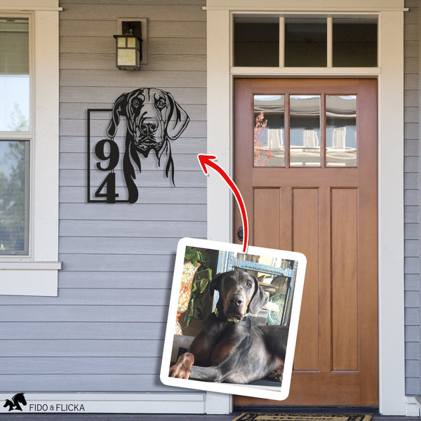 metal house number sign with custom dog portrait