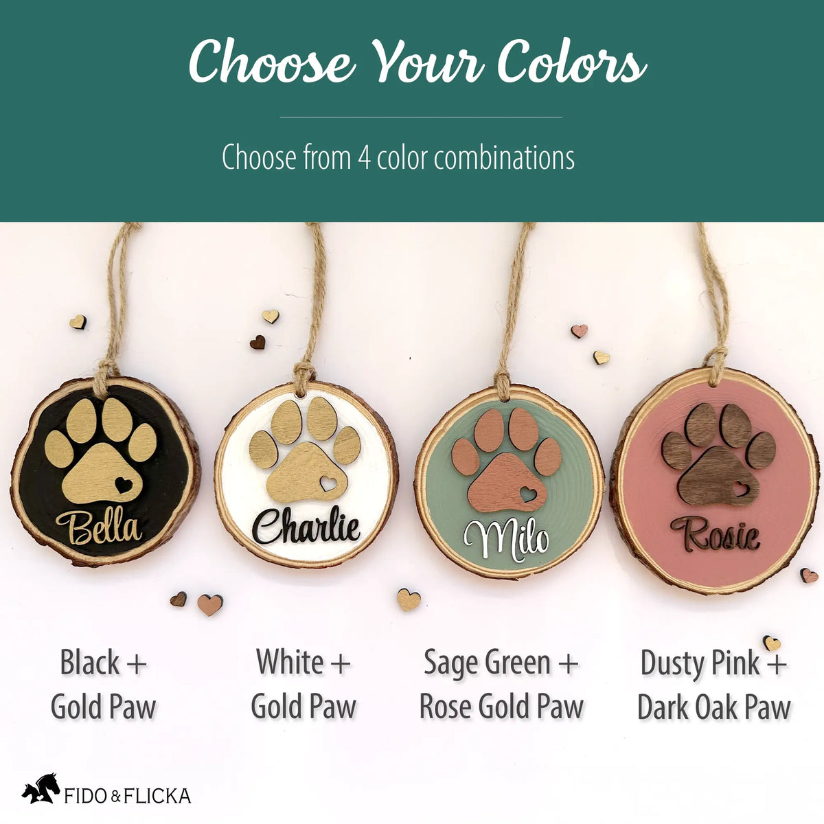 Graphic displaying four personalized dog paw ornaments labeled by color combinations: black with gold paw, white with gold paw, sage green with rose gold paw, and dusty pink with dark oak paw.