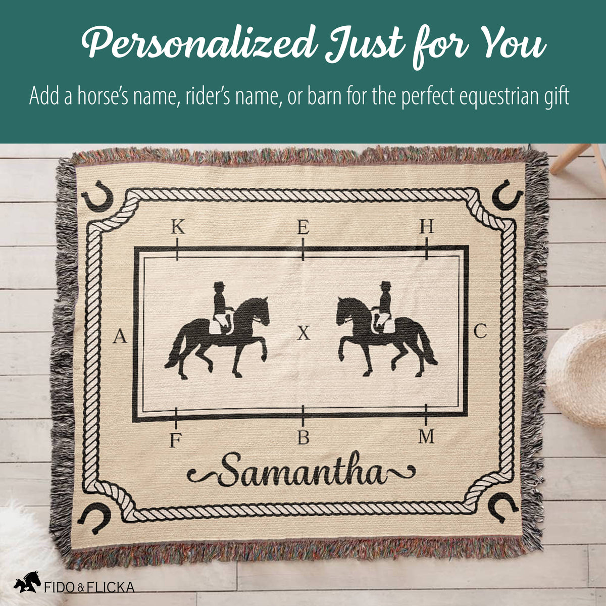 Personalized equestrian blanket with horse and rider design and customizable text on a wooden surface.