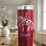 Dressage horse stainless steel tumbler in dark red with engraved art and horse name