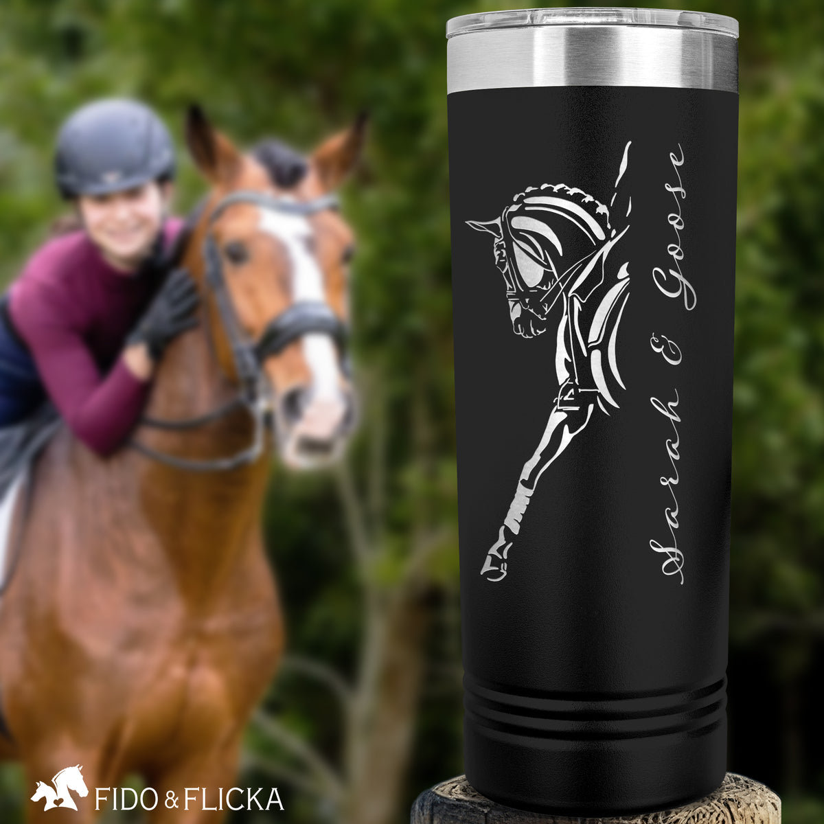 black dressage horse personalized tumbler with horse and riders name engraved on it