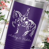 Dressage horse performing piaffe engraved on stainless steel tumbler with horse and rider name