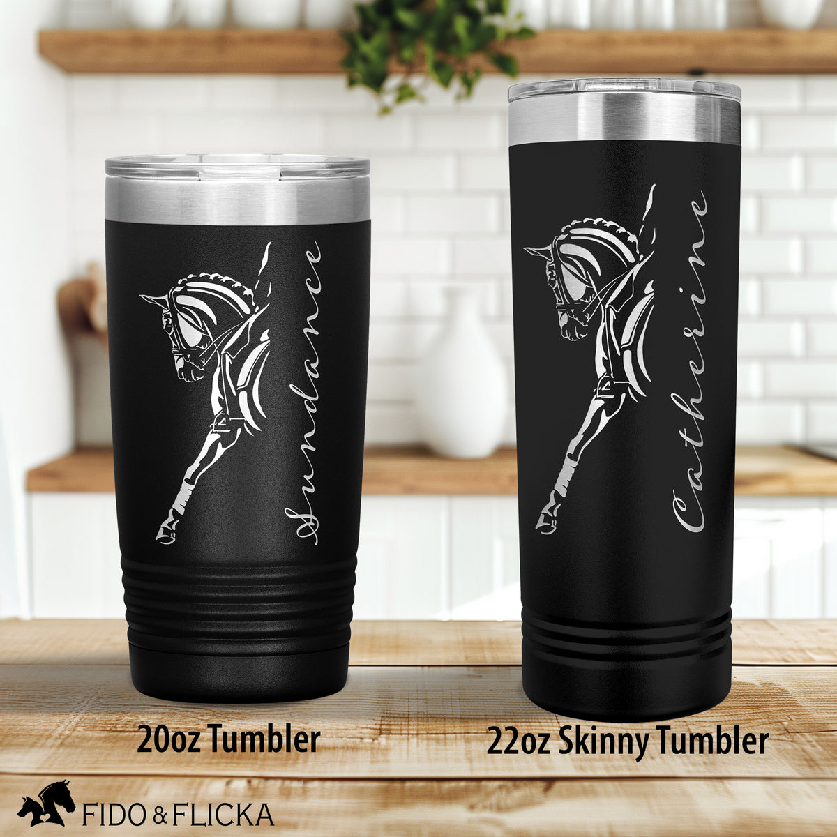 2 sizes shown of the dressage horse tumblers in black with horse name and riders name engraved on them