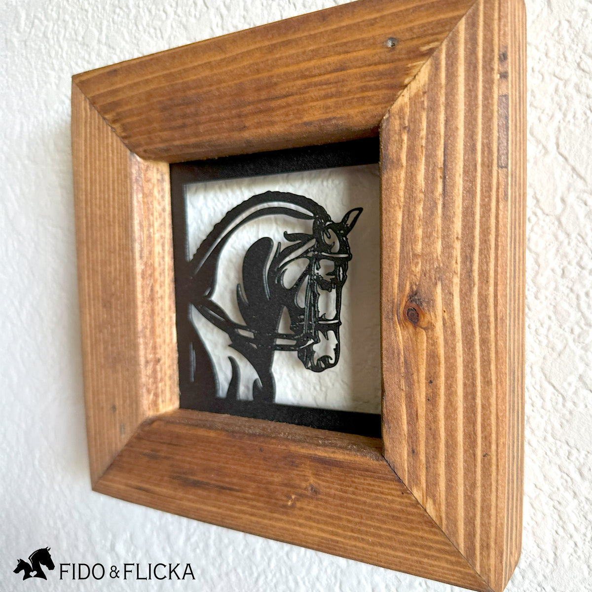 dimensional view of rustic dressage horse wall art hanging on wall