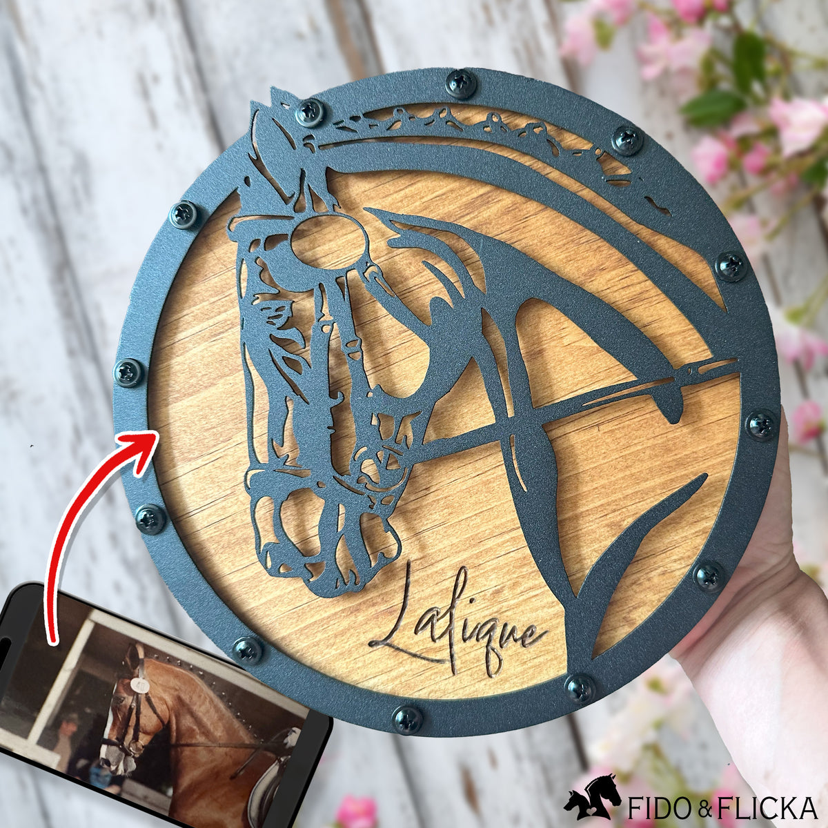 custom metal and wood horse portrait of a dressage horse from pet photo