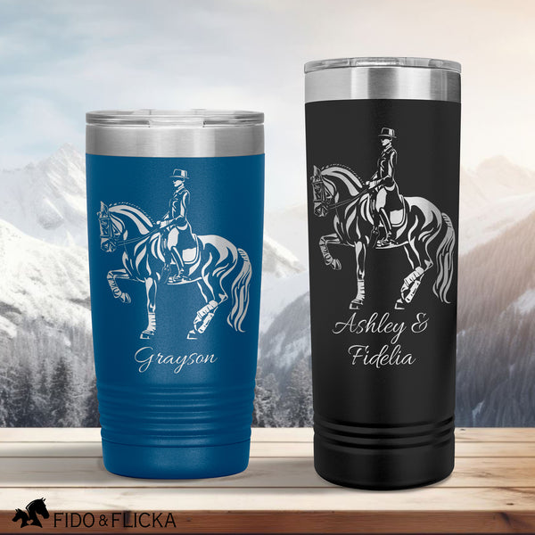 personalized dressage horse tumbler with custom engraving