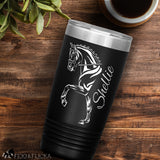 coffee mug tumbler in black personalized with an engraving of a dressage horse and custom name