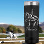 skinny black tumbler engraved with dressage art and customized with horse name