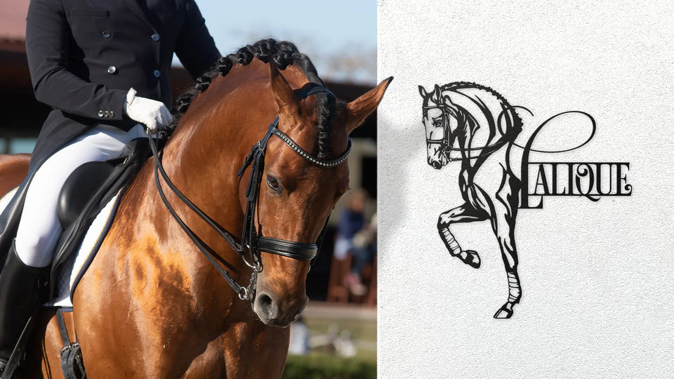  grand prix dressage horse and rider next to personalized metal dressage horse sign